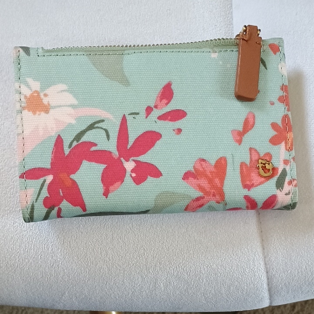 Spartina Floral Mint Zip Wallet with Pink Accent